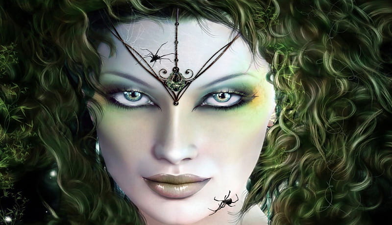 Fantasy girl, witch, sorceress, black, yellow, spider, woman, hair, fantasy, girl, green, insect, beauty, eyes, HD wallpaper