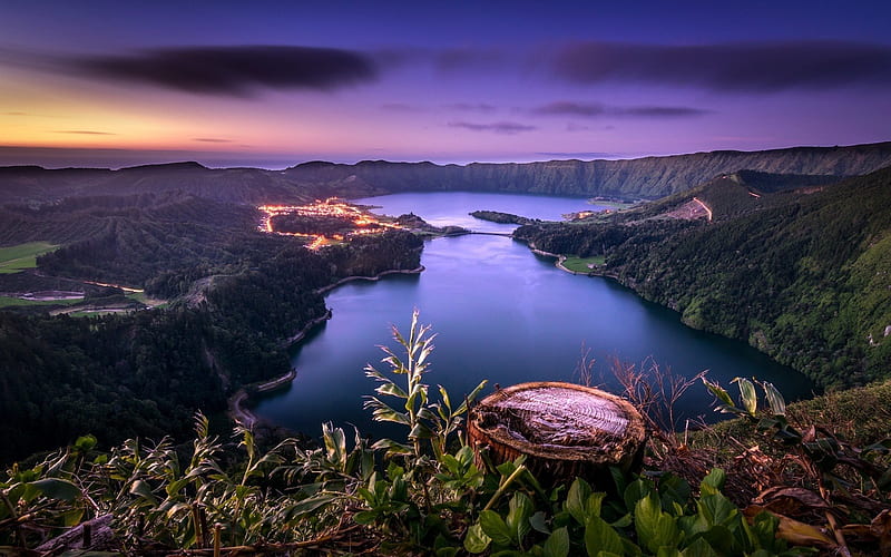 Portugal, mountains, lakes, stump, sunset, hills, HD wallpaper