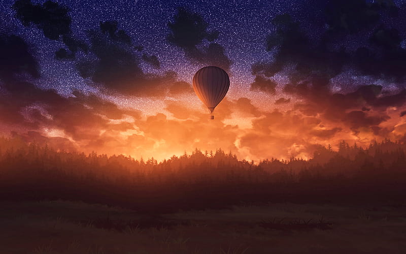 Air Balloons Sunrise Sky Forest , air-balloon, forest, nature, evening, HD wallpaper