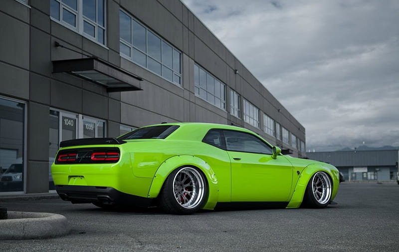 Dodge-Challenger-Hellcat, Lime Green, Custom Wheels, Hellcat, Mopar, HD wallpaper