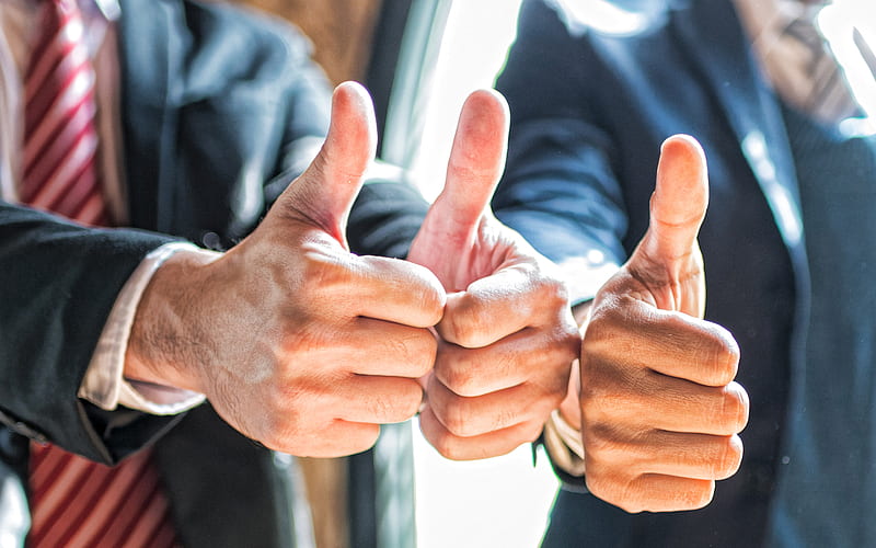 thumbs up, business people, businessmen, teamwork, business concepts, success concepts, team, HD wallpaper