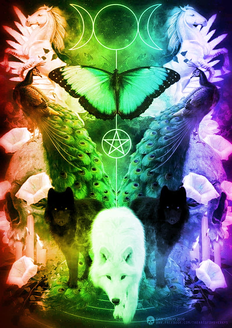 Rainbow spirits, colorful, light, roses, spirit, wicca, wolf, HD phone wallpaper
