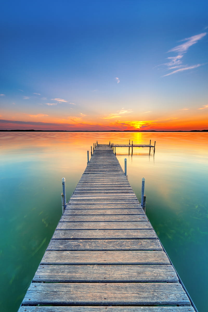 pier, lake, sunset, water, horizon, HD phone wallpaper