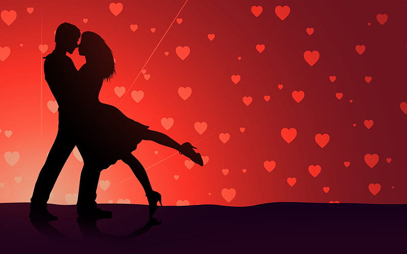 Loving Couple, red, love, silhouettes, black, corazones, HD wallpaper