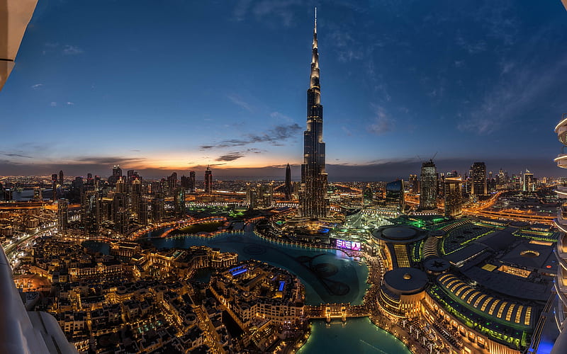 Burj Khalifa, Dubai, fountains, modern architecture, skyscrapers, tallest building in the world, twilight, cityscape, night, city lights, United Arab Emirates, metropolis, UAE, HD wallpaper