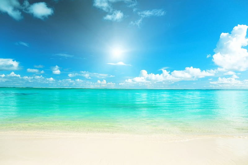 Magnificent Day On The Beach, white sand, turquoise water, ocean, bonito, sunshine, blue sky, clouds, paradisiac, HD wallpaper