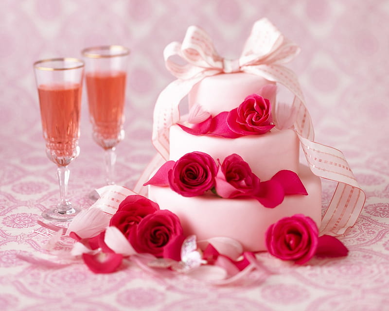 Romantic Events, pink background, cake, red roses, red, glasses, bonito, sweet, champaign, love, party, white cake, flowers, valentines day, table, romantic, romance, celebration, roses, 2 champagne glasses, champagne, HD wallpaper