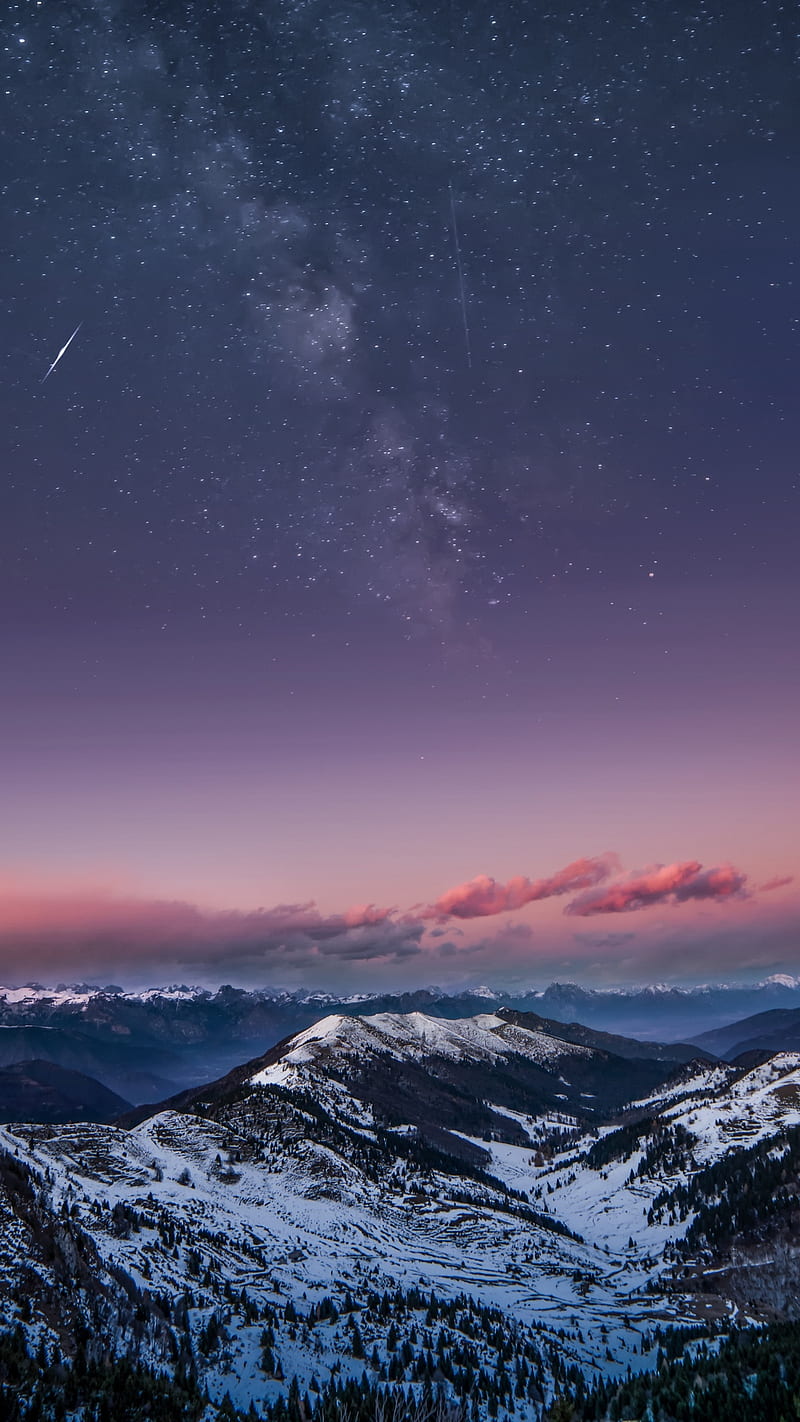 Snowy Galaxy, snow, mountains, night, sunset, stars, sky, space, HD phone wallpaper