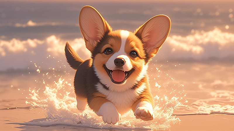 Corgi puppy, art, happy, summer, water, running, beach, corgi, dog, sea, fantasy, smile, puppy, caine, vara, HD wallpaper