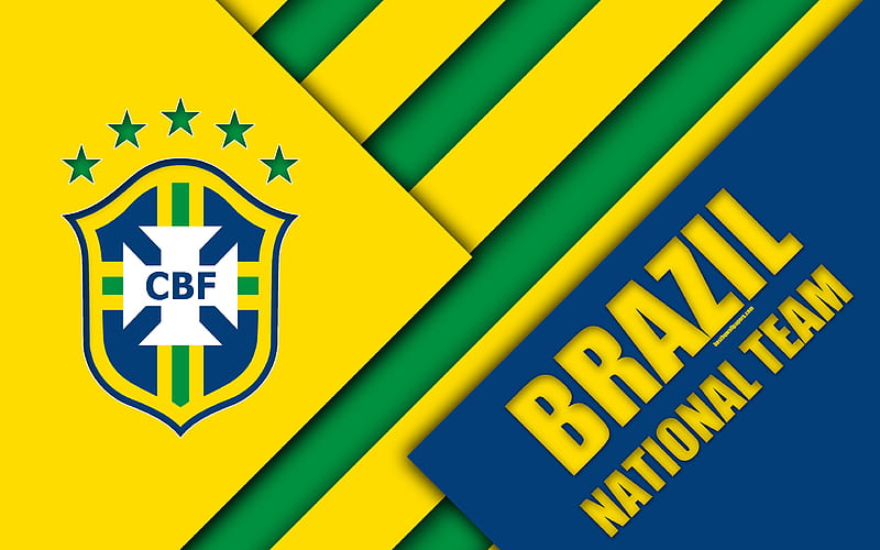 Brazil national football team emblem, material design, blue green yellow abstraction, Brazilian Football Confederation, CBF, logo, football, Brazil, coat of arms, HD wallpaper