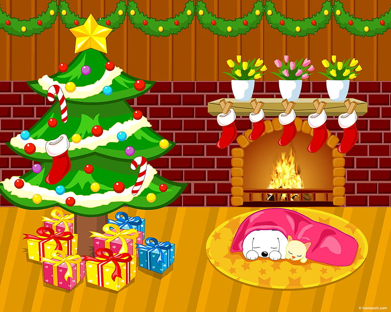 Xmas cartoon, fireplace, tree, chrtismas, holiday, HD wallpaper | Peakpx