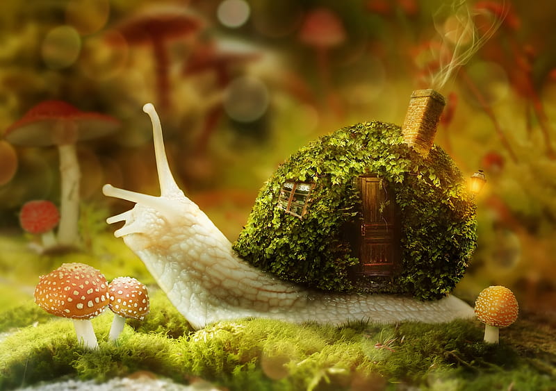 Snail, house, green, olga rogovets, fantasy, HD wallpaper