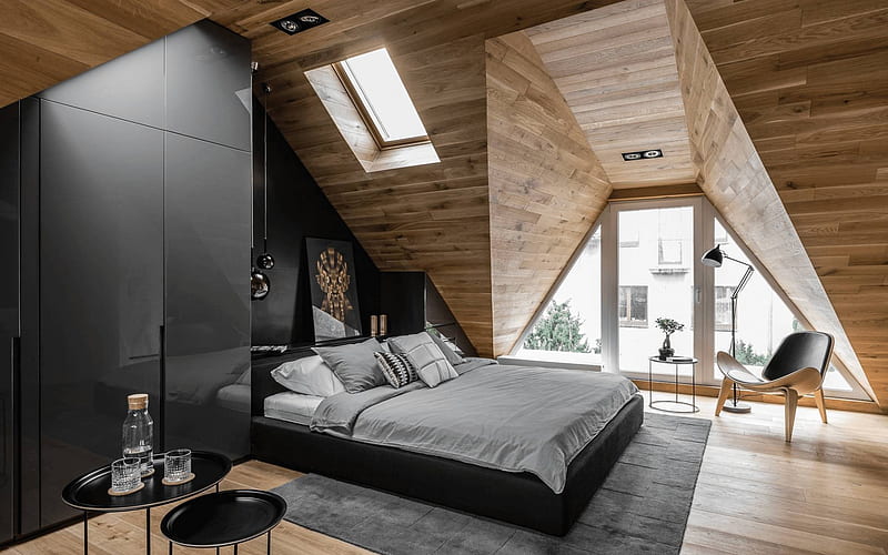 interior bedroom, laminate on the walls, attic bedroom, stylish interior, laminate on the ceiling, wooden walls, stylish interior design, HD wallpaper