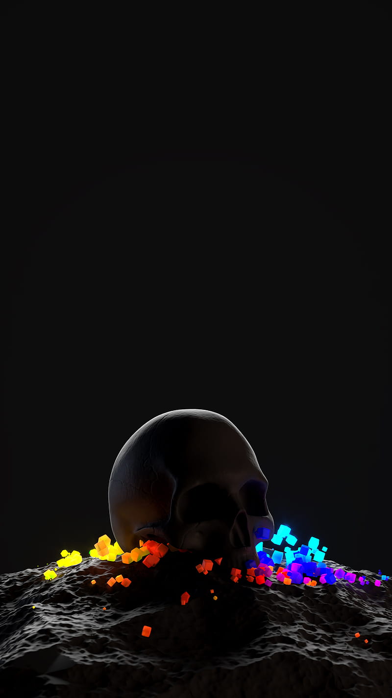 Skull RainbowRocket 1, 3d, art, black, blue, dark, gray, green, orange, purple, rainbow, red, rock, stone, yellow, HD phone wallpaper
