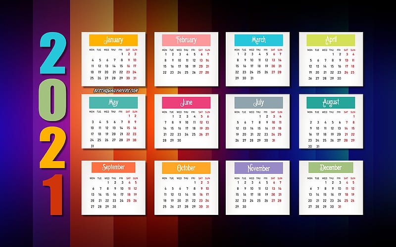 2021 Abstract Calendar, colorful lines background, 2021 all months calendar, 2021 colorful paper elements, 2021 concepts, 2021 New Year, 2021 Calendar, HD wallpaper