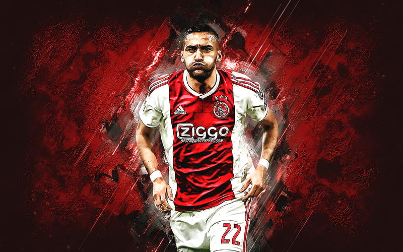 Hakim Ziyech, Moroccan football player, AFC Ajax, portrait, red stone background, football, HD wallpaper