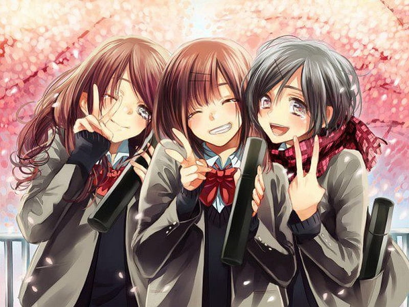 Best Friends!!!! :), cute, anime, smile, girls, school girls, cherr blossom, friends, HD wallpaper