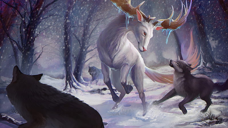 Wolves attack in the forest, attack, deer, iarna, winter, art, forest, luminos, alexandra pulinets, fantasy, lup, wolf, white, HD wallpaper