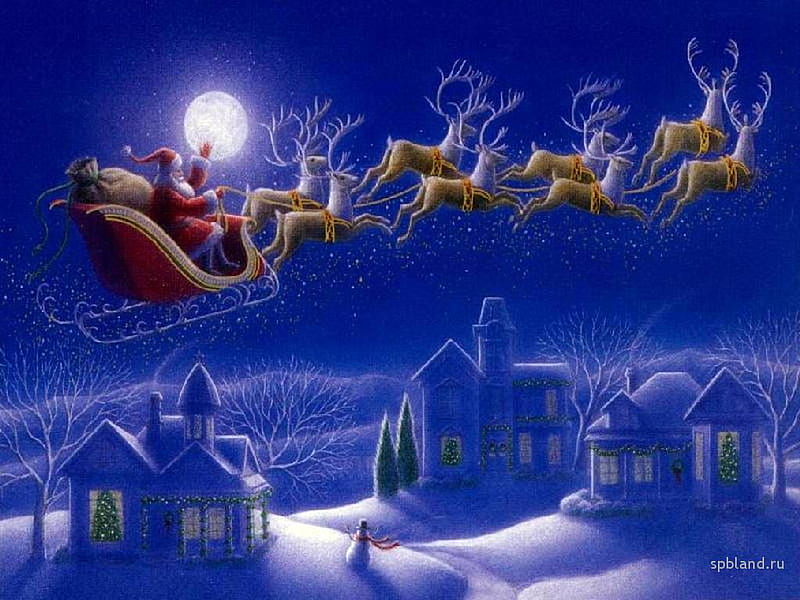 Santa Clause Is Coming To Town, moon, christmas, holiday, santa clause, town, reindeer, night, HD wallpaper