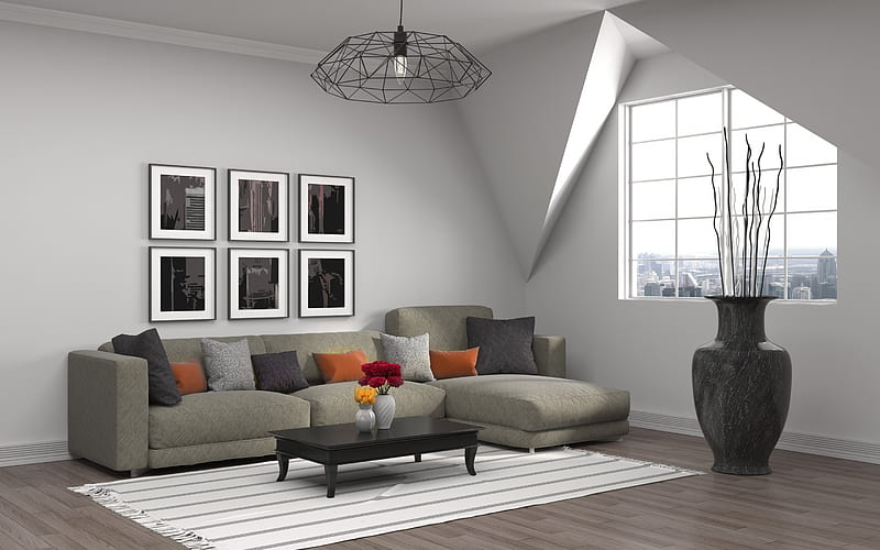 living room, modern stylish interior, gray large sofa, large black vase, gray stylish interior, HD wallpaper
