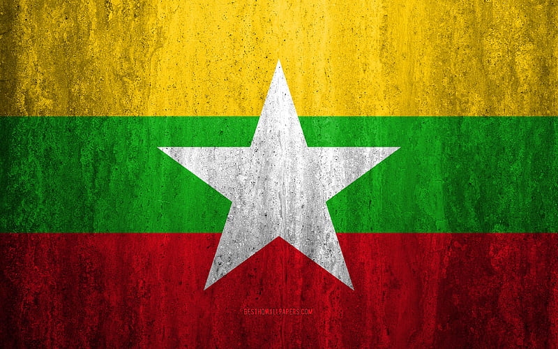 Flag of Myanmar stone background, grunge flag, Asia, Myanmar flag, grunge art, national symbols, Myanmar, stone texture, HD wallpaper