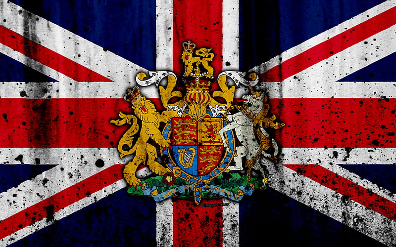 British flag grunge, flag of United Kingdom, Europe, United Kingdom, national symbolism, coat of arms of United Kingdom, British coat of arms, flag of UK, HD wallpaper