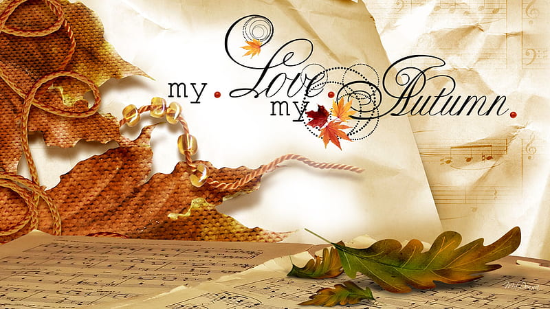 Autumn Love, burlap, fall, autumn, music, notes, firefox persona, parchment, abstract, leaves, muscial score, beads, HD wallpaper