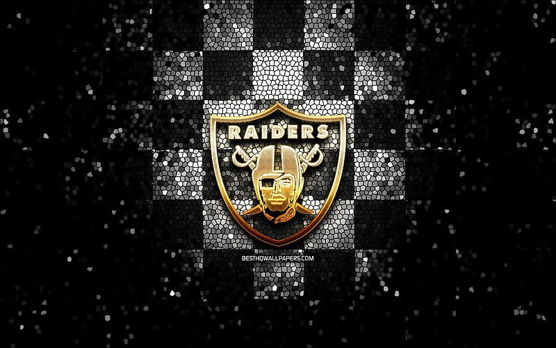 Oakland Raiders, glitter logo, NFL, black white checkered background, USA, american football team, Oakland Raiders logo, mosaic art, american football, America, HD wallpaper