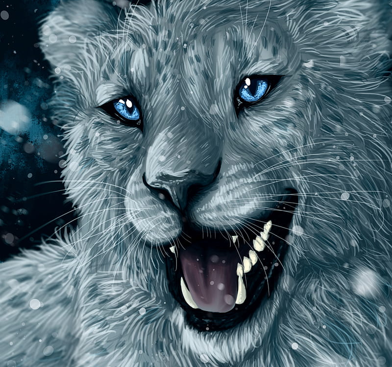 Snow leopard, art, luminos, gaya art, cute, winte, fantasy, face, white, blue, HD wallpaper