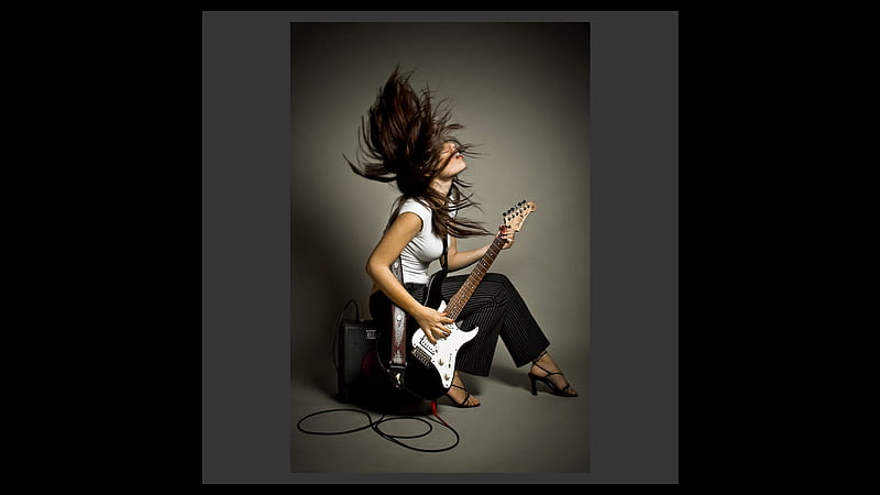 ROCKIN OUT, office, rockin, woman, sweet, secretary, hair, amp, hot, music, sexy, rock and roll, cute, brunette, cool, guitar, girl, windy, awesome, HD wallpaper