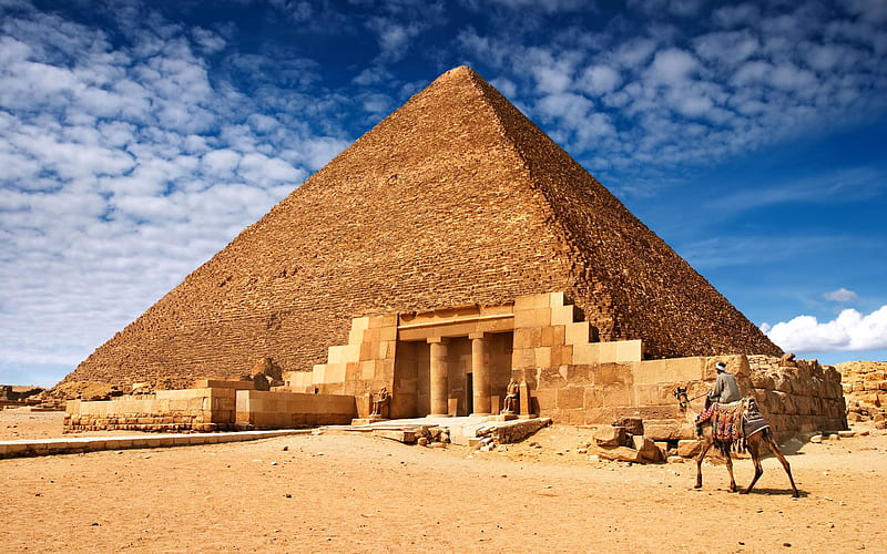 Egyptian Pyramid, architecture, rocks, stunning, orange, bonito, old, clouds, entrance, nauture, sand, stones, pyramid, camel, egypt, amazing, desert, ancient, wind, pharao, sky, sahara, HD wallpaper