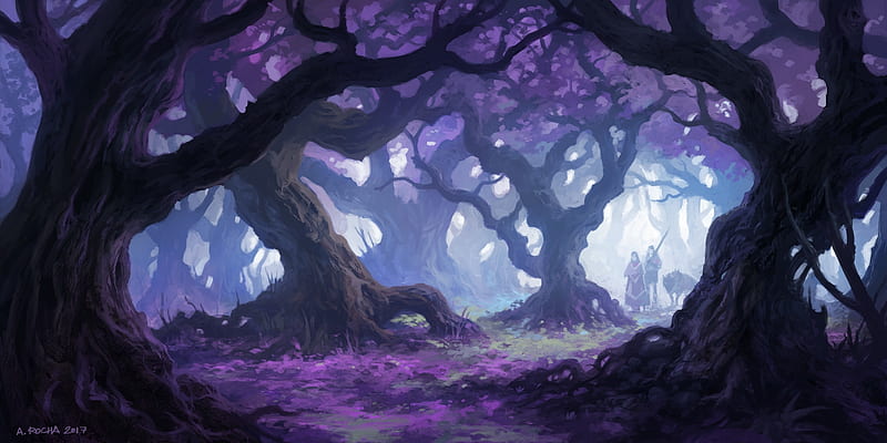 Forest, purple, andreas rocha, art, tree, fantasy, luminos, HD wallpaper