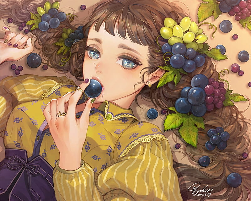 Wallpaper girl, fox, anime, grape, fruit, japanese, bishojo, vine images  for desktop, section прочее - download