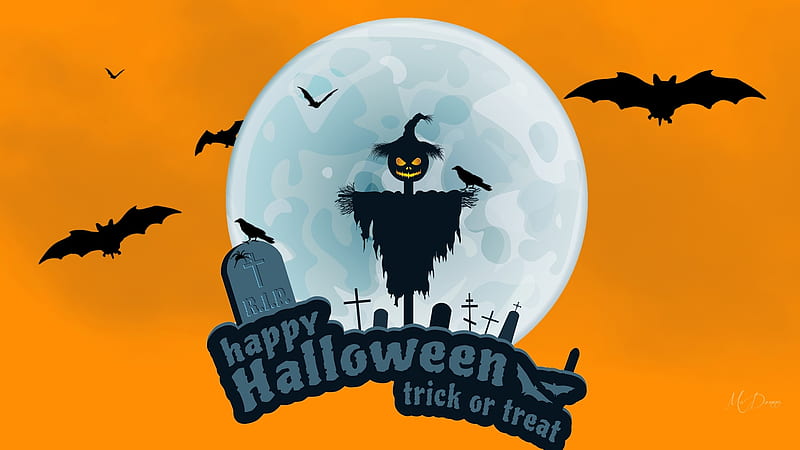 Halloween Moon, October, cemetery, bats, full moon, gravestones, Halloween, scarecrow, HD wallpaper