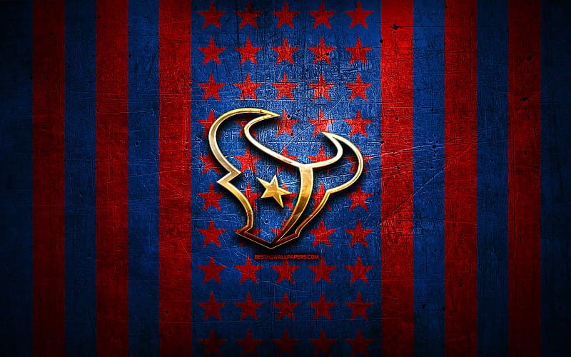 Houston Texans flag, NFL, blue red metal background, american football team, Houston Texans logo, USA, american football, golden logo, Houston Texans, HD wallpaper