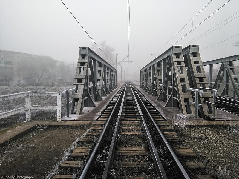 Railway, bridge, cold, fog, HD wallpaper