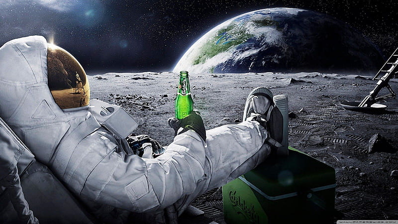 Can you believe they put beer on the moon, moon, funny, spaceman, earth, HD wallpaper