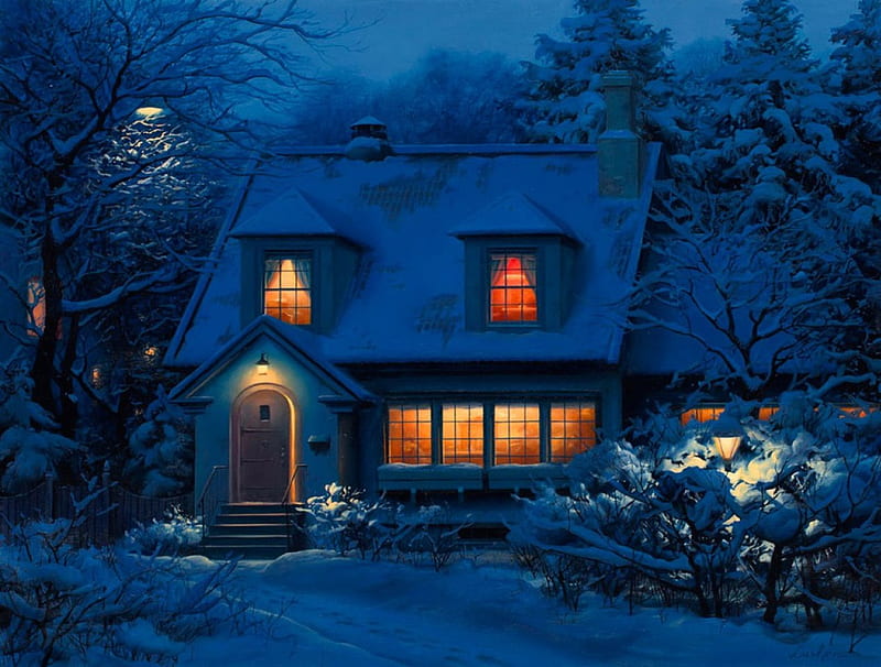 Winter evening, house, cottage, home, bonito, lights, cold, darkness, painting, evening, frost, night, art, cozy, trees, winter, windows, snow, HD wallpaper