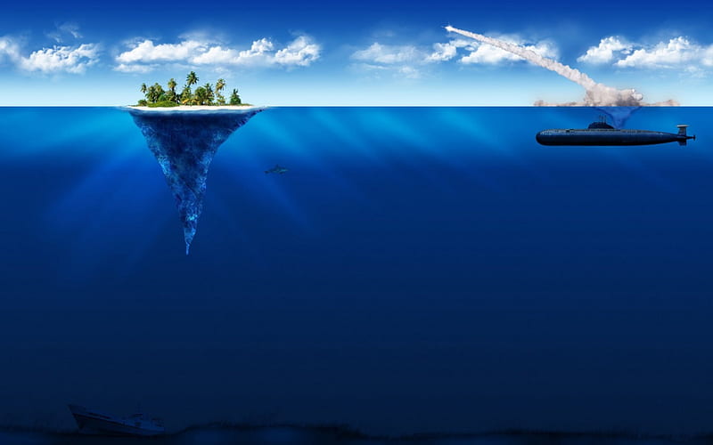 deep blue sea, submarine, island, sky, ocean, HD wallpaper