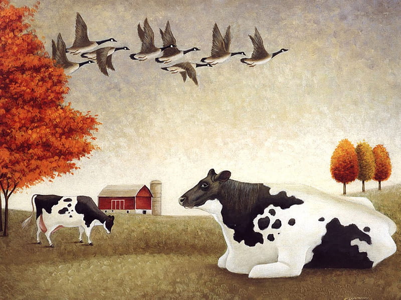 CHANGE OF SEASON, house, grass, drawing, birds, season, trees, field, cows, HD wallpaper