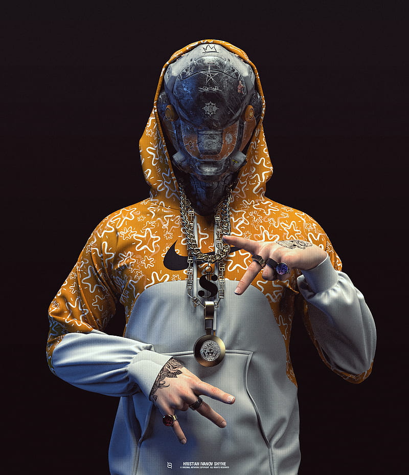 digital art, robot, futuristic, sweatshirts, hoods, black background, Nike, bling, tattoo, 3D, CGI, cyberpunk, science fiction, portrait display, dark background, simple background, HD phone wallpaper