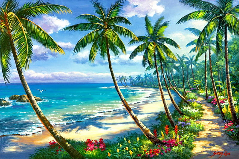 Pathway to paradise, pretty, shore, sun, grass, bonito, clouds, sea, palm trees, beach, nice, boat, pathway, painting, flowers, tropics, blue, rest, vacation, exotic, lovely, view, ocean, waves, sky, trees, palms, water, paradise, seascape, tropical, sands, coast, HD wallpaper