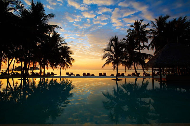 Beach Sunset over Pool, polynesia, sun, orange, dusk, sunset, sea, beach, sand, swimming, south pacific, exotic, islands, ocean, replection, sky, pool, skies, paradise, island, down, tropical, fiji, HD wallpaper