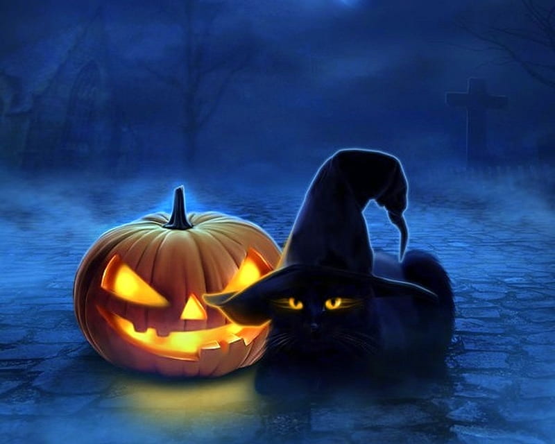 Happy Halloween, fantasy, holiday, manipulation, pumpkin, dark, halloween, black cat, digital art, HD wallpaper