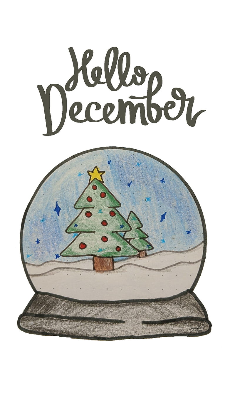 Hello December, christmas, hoildays, snow, snow globe, tree, HD phone wallpaper