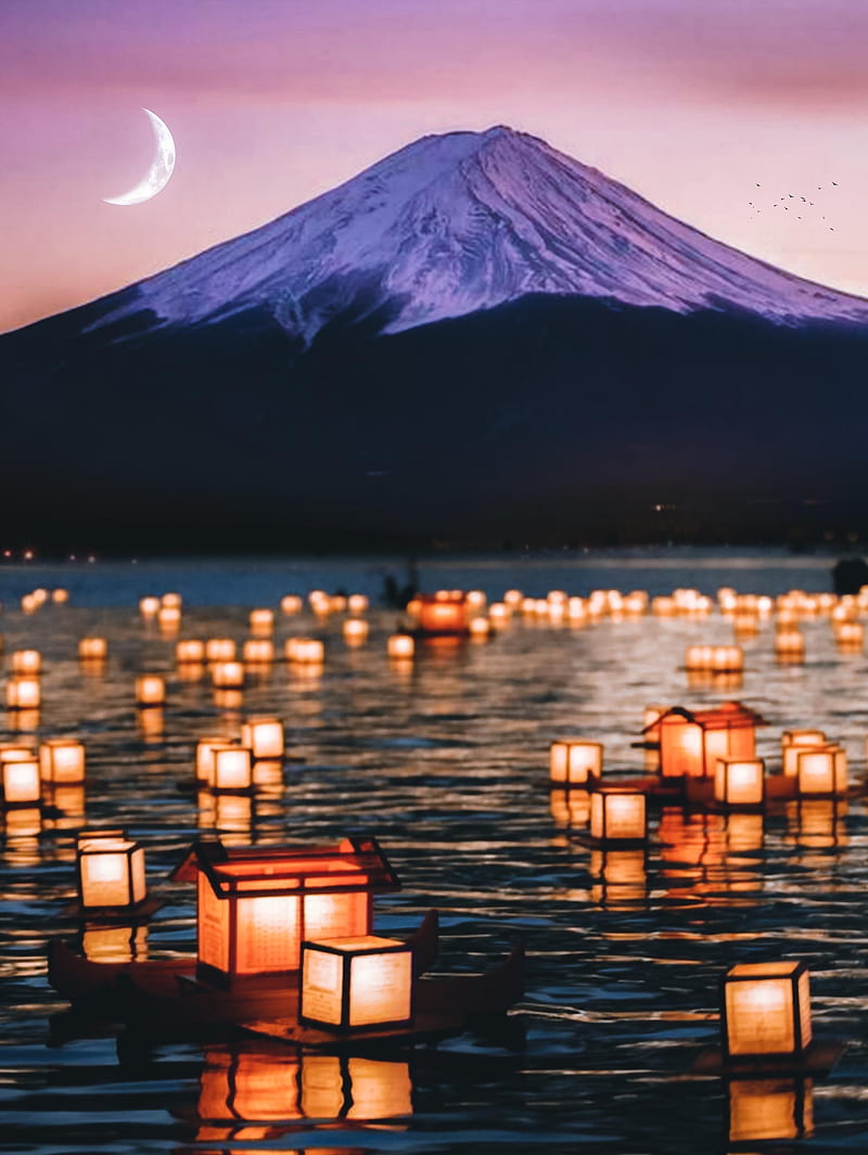 Float paper lanterns, asia, crescent moon, floating lanterns, fuji mountain, fuji mountain japan, japan, moon, mount fuji, mount fuji tokyo, tokyo, HD phone wallpaper
