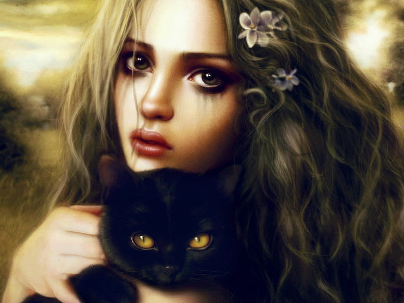 girl with a cat, amazing, pretty, fantasy, lovely, bonito, cat, woman, HD wallpaper