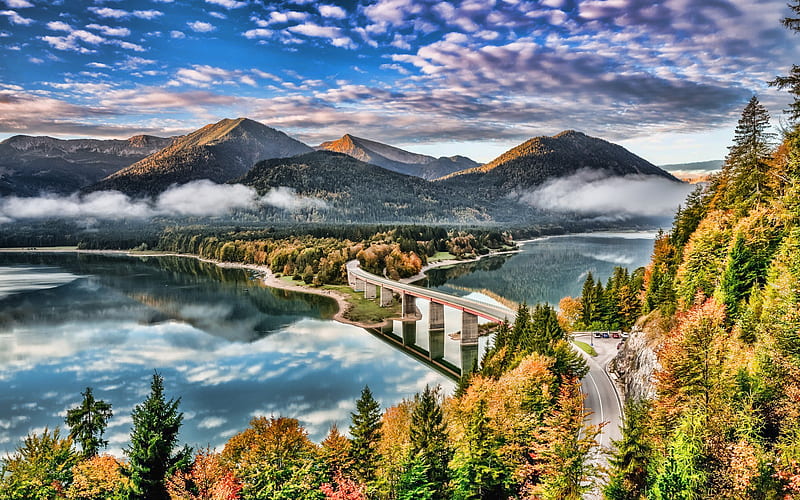 Sylvenstein Lake, autumn, beautiful nature, Sylvenstein Dam, Bavaria, Germany, Europe, HD wallpaper