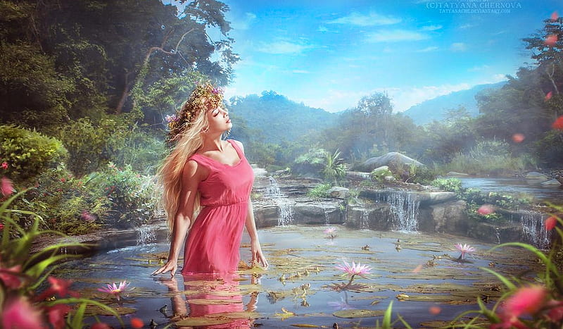 Spring Nymph, unearthly, eauty, Water, pond, dreamy, Nymph, magical, Fantasy, HD wallpaper