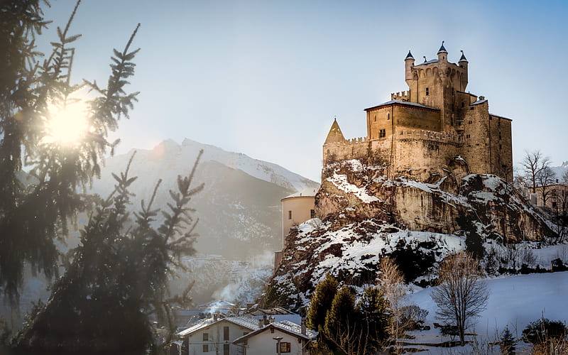 Castello Saint Pierre, Italy, medieval, snow, castle, italy, HD wallpaper